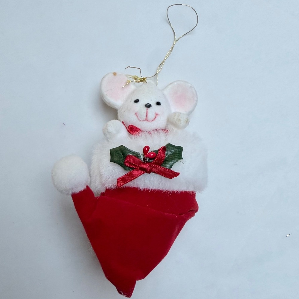 Vintage Christmas Mouse in Santa Hat Stocking Ornament Flocked Red White Holly